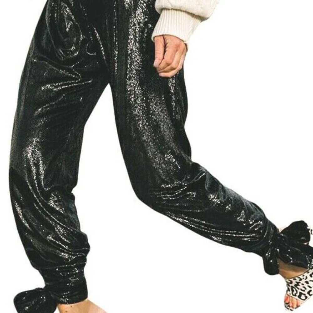 Black Ankle Tie Sequin Pants Bottoms After Hours S